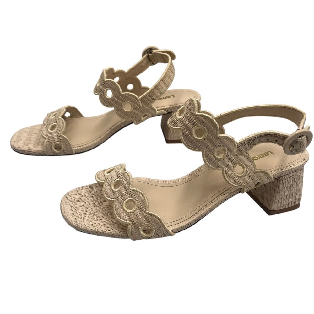 Larroude Block Heels Sandals Florence Broderie Sandal Natural Raffia Size 6.5
